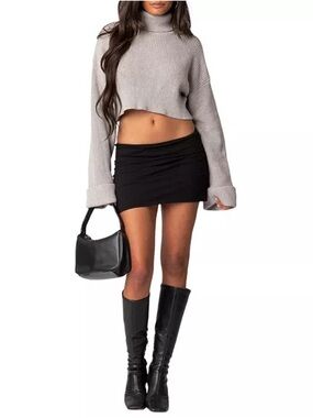 Edikted Gray Cropped Turtleneck Sweater Knit Long Sleeve Top M/L 25311